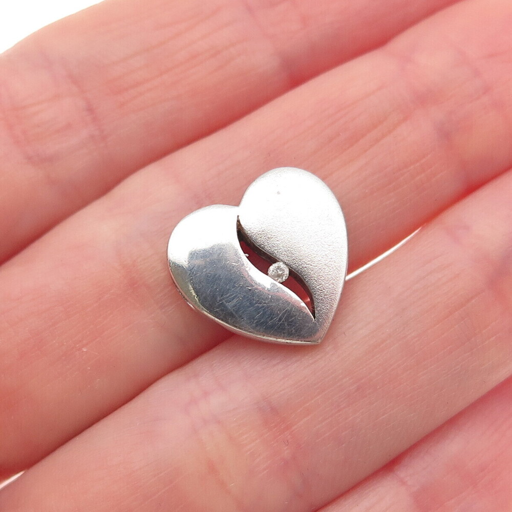 925 Sterling Silver Real Round-Cut Diamond Heart Mini Slide Charm Pendant